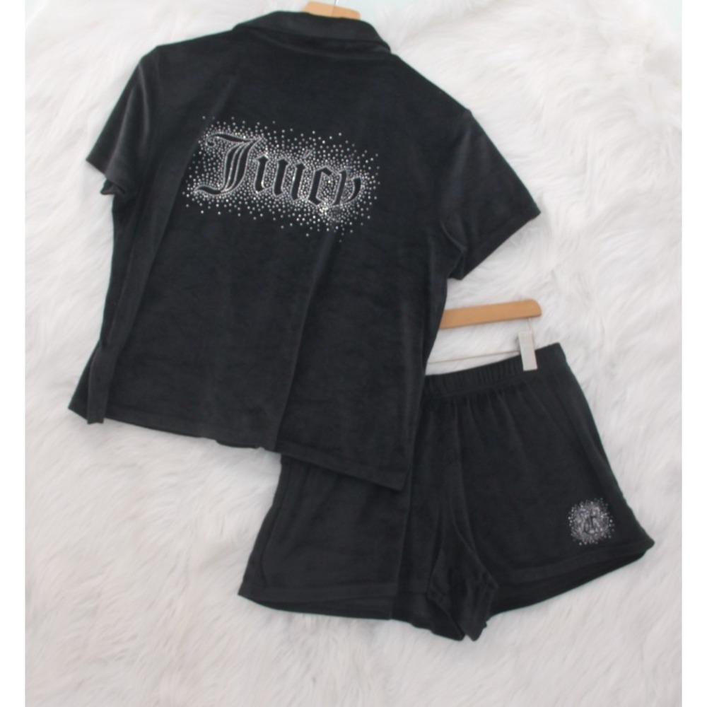 Juicy Couture Black Velour Set Sleepwear Line Size M Y2K 2000s Bling Spellout